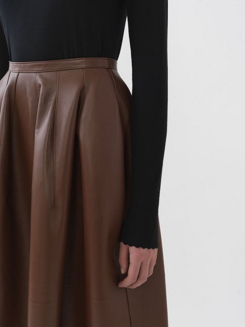 Chloe Gathered Mid-length Skirt Leather Kaffe | CHE-SR14116