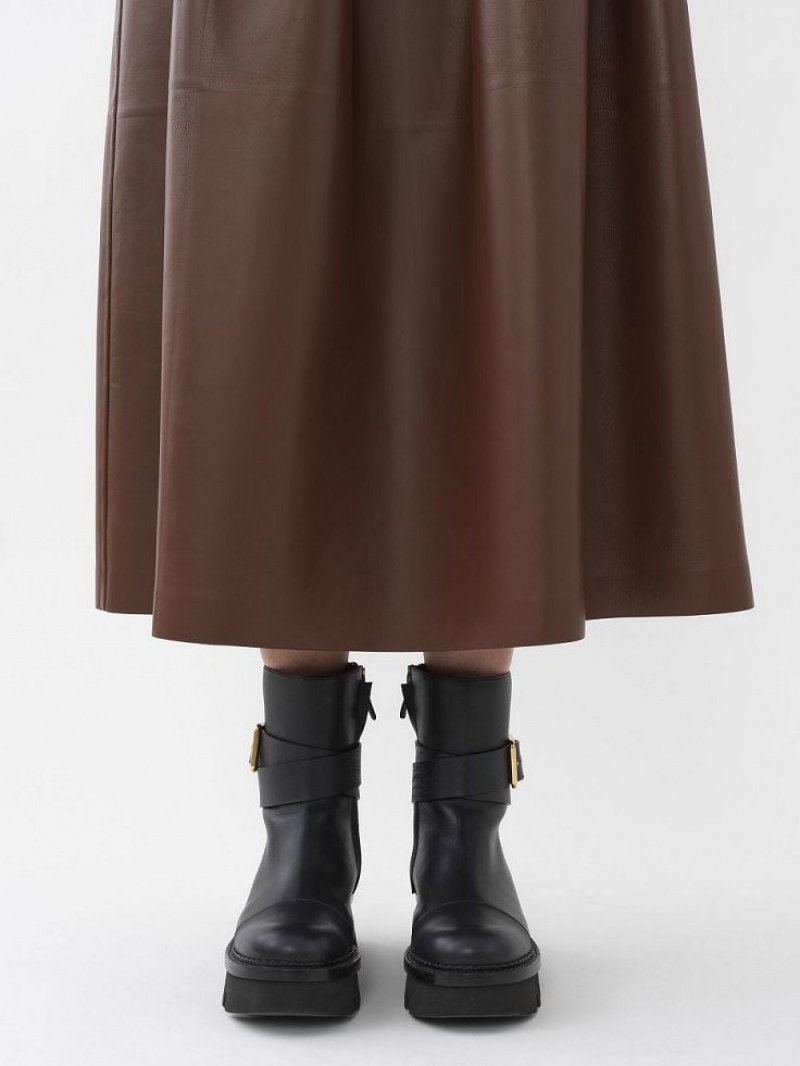 Chloe Gathered Mid-length Skirt Leather Kaffe | CHE-SR14116