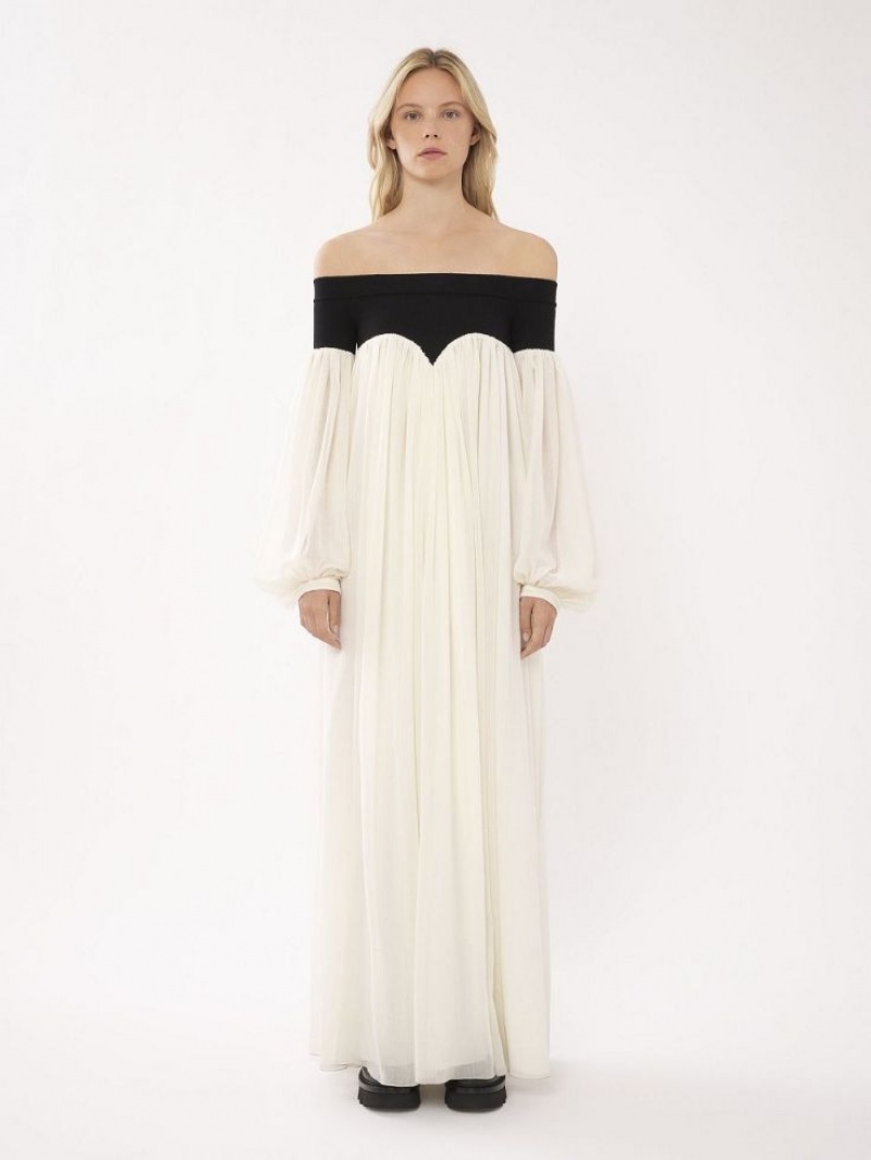 Chloe Off-the-shoulder Maxi Klänning Svarta Vita | CHE-SR13857