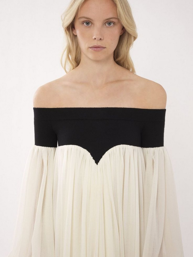 Chloe Off-the-shoulder Maxi Klänning Svarta Vita | CHE-SR13857