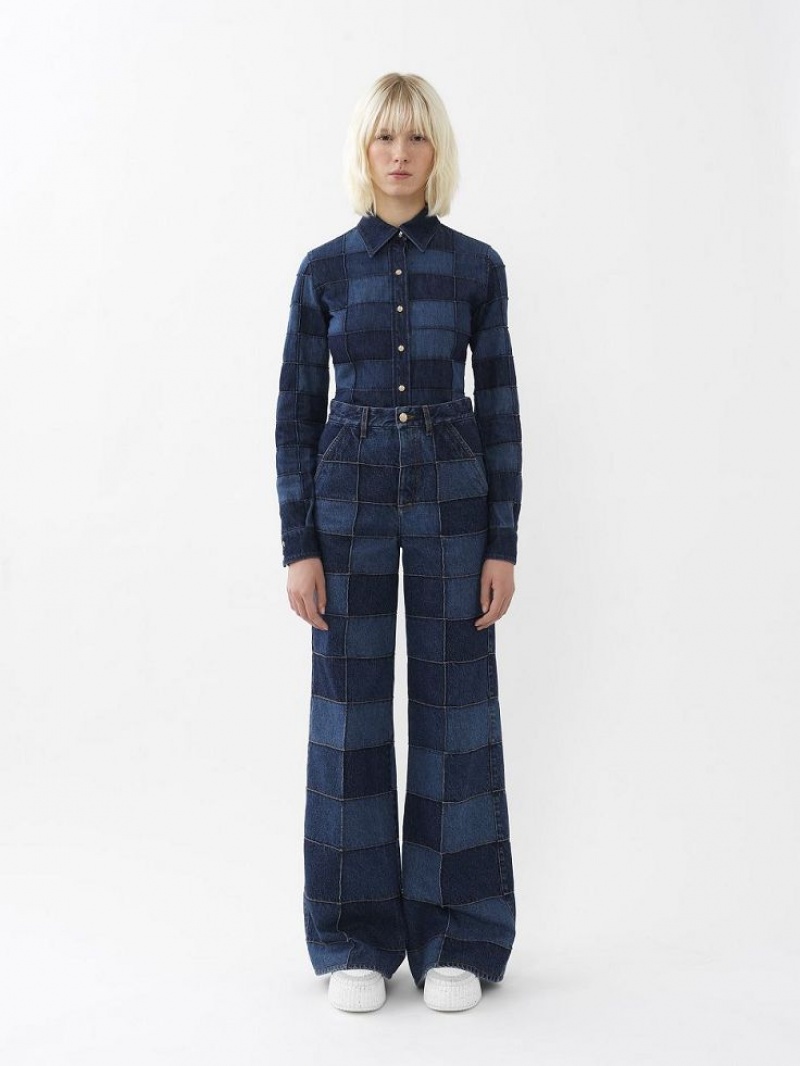 Chloe Patchwork Denim Skjorta Olika Färger Blå | CHE-SR13886